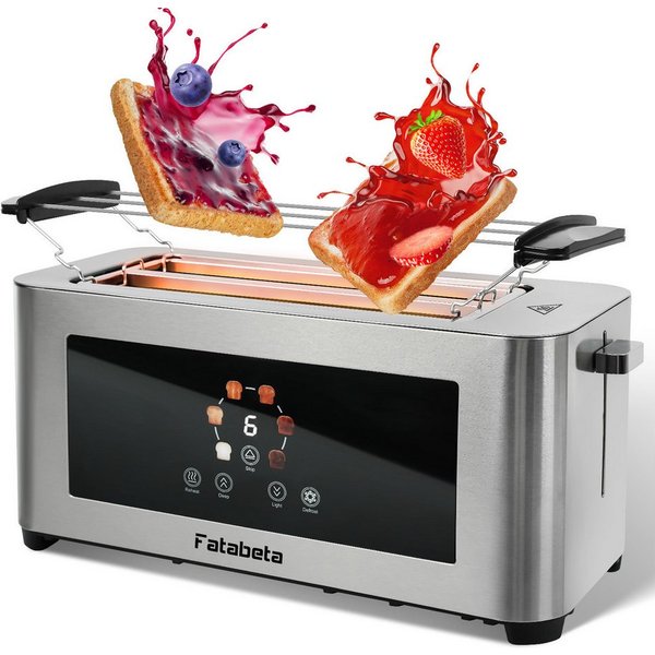 FATABETA Toaster Toaster 4 Scheiben, Doppel-Langschlitztoaster, mit Brötchenaufsatz, 2 lange Schlitze, für 4 Scheiben, 1400 W, LED-Display, Touchscreen, 6 Stufe