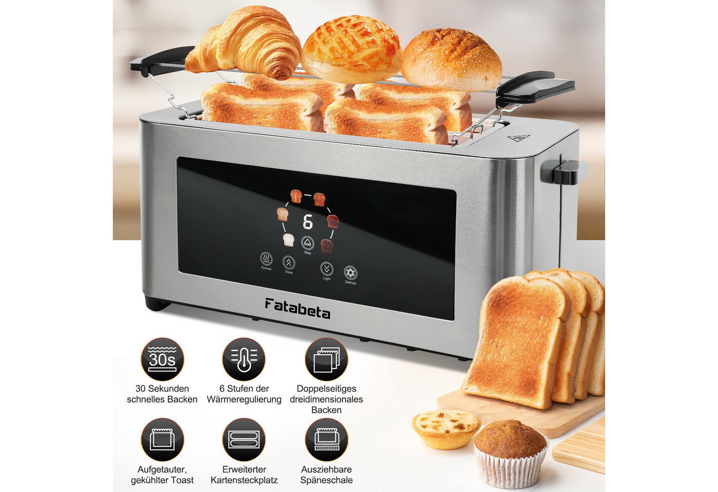 FATABETA Toaster Toaster 4 Scheiben, Doppel-Langschlitztoaster, mit Brötchenaufsatz, 2 lange Schlitze, für 4 Scheiben, 1400 W, LED-Display, Touchscreen, 6 Stufe – Bild 2 von 5