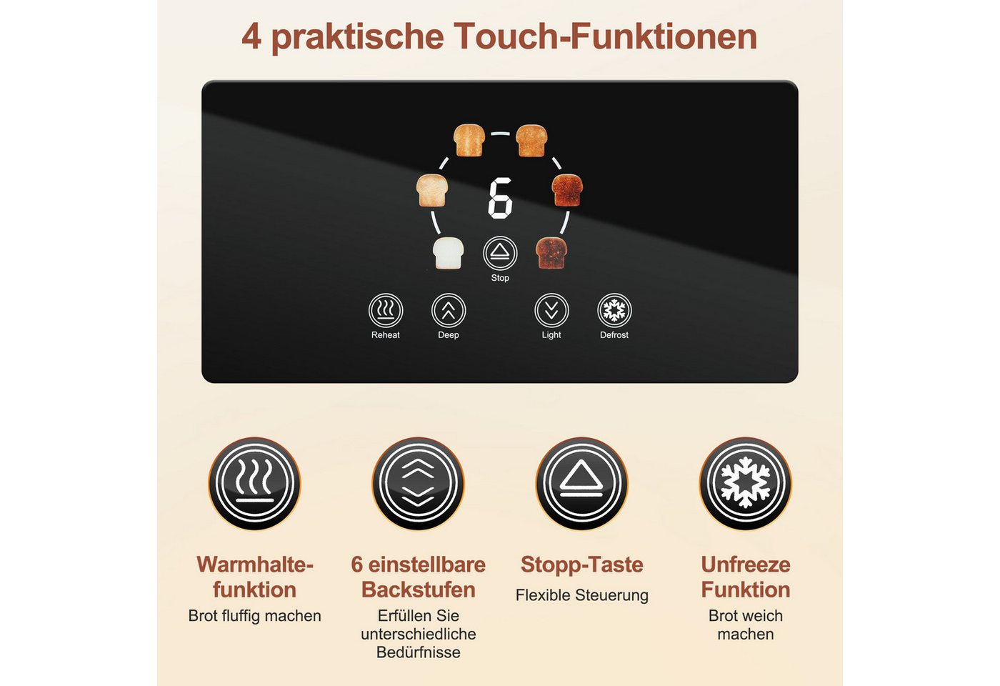FATABETA Toaster Toaster 4 Scheiben, Doppel-Langschlitztoaster, mit Brötchenaufsatz, 2 lange Schlitze, für 4 Scheiben, 1400 W, LED-Display, Touchscreen, 6 Stufe – Bild 3 von 5