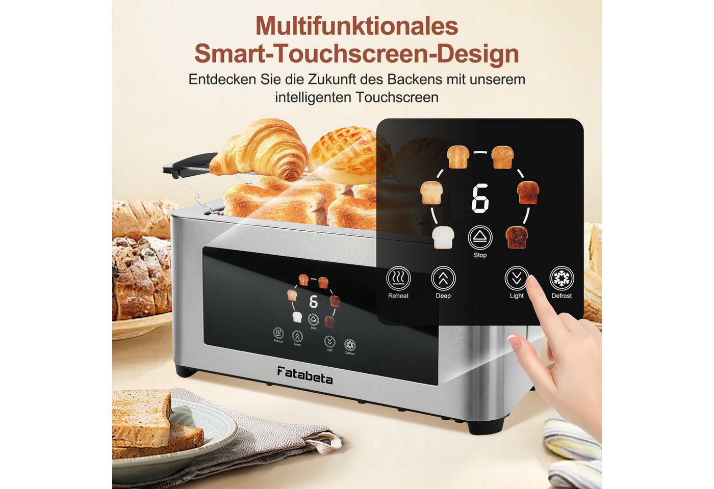 FATABETA Toaster Toaster 4 Scheiben, Doppel-Langschlitztoaster, mit Brötchenaufsatz, 2 lange Schlitze, für 4 Scheiben, 1400 W, LED-Display, Touchscreen, 6 Stufe – Bild 4 von 5