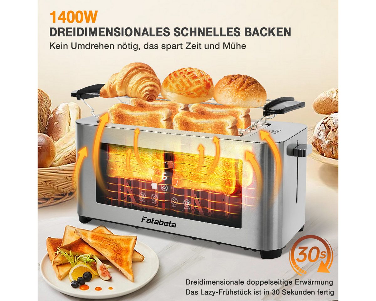 FATABETA Toaster Toaster 4 Scheiben, Doppel-Langschlitztoaster, mit Brötchenaufsatz, 2 lange Schlitze, für 4 Scheiben, 1400 W, LED-Display, Touchscreen, 6 Stufe – Bild 5 von 5