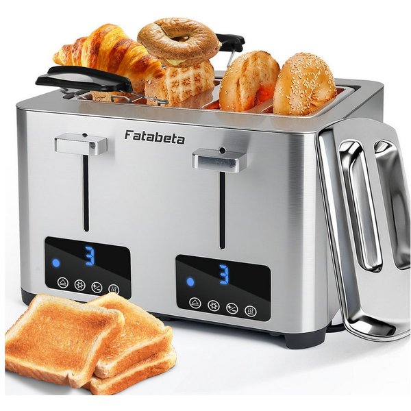 FATABETA Toaster Toaster 4 Scheiben, mit Brötchenaufsatz & 2 Staubschutzdeckeln, 4 kurze Schlitze, für 4 Scheiben, 1500 W, LED-Display, Touchscreen, 7 Stufen, A