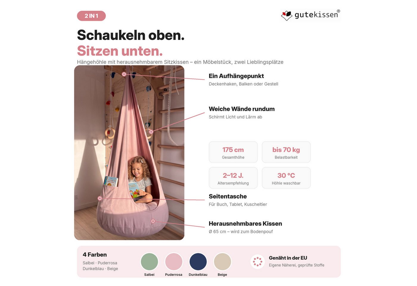 FAVRE Hängesessel Hängehöhle Kinder 2in1 mit herausnehmbarem Sitzkissen – Bild 3 von 5