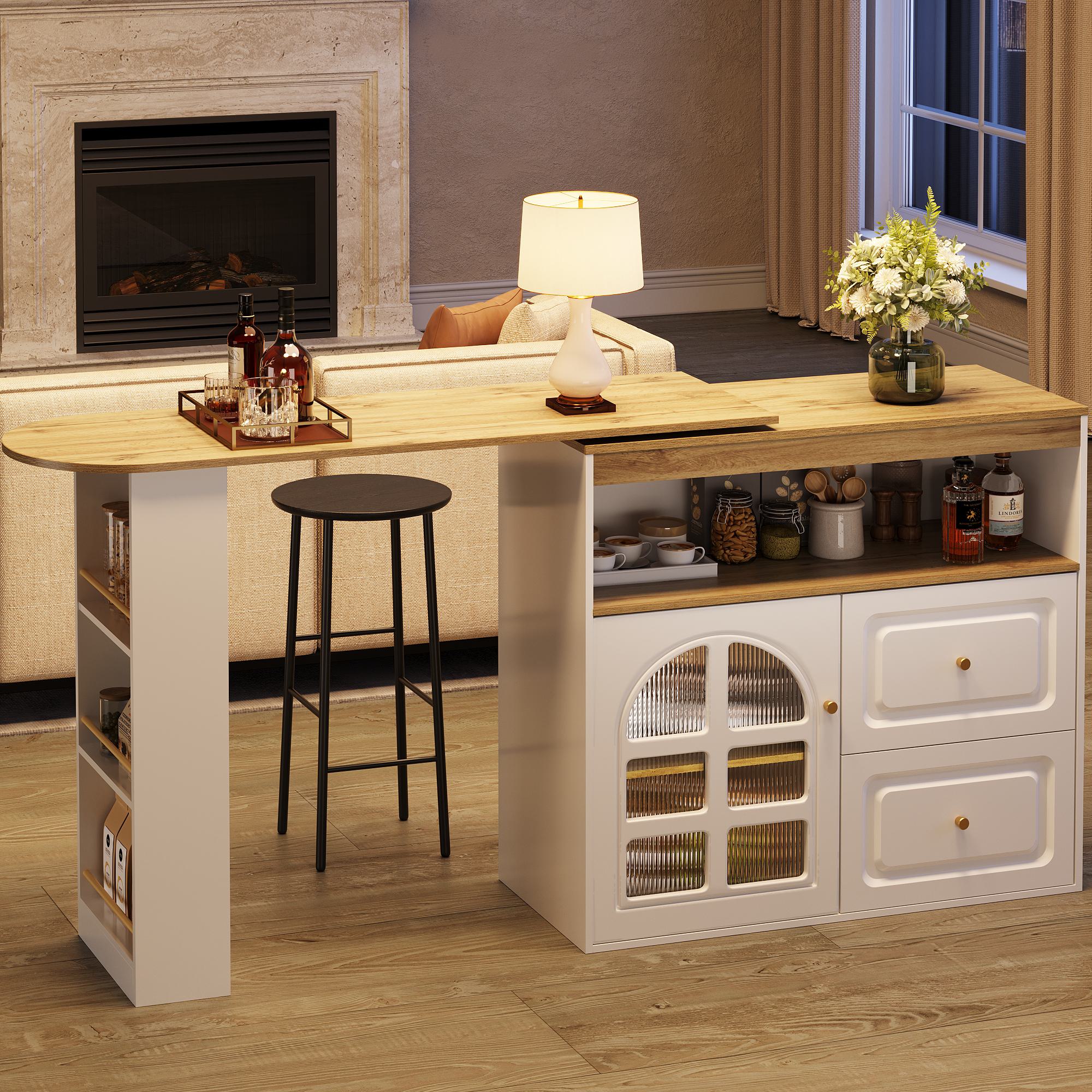 360° drehbarer Sideboardschrank, mit 2 Schubladen, Snackregal, Bogenglas, 138-204x39x104 cm, Weiß – Bild 2 von 2