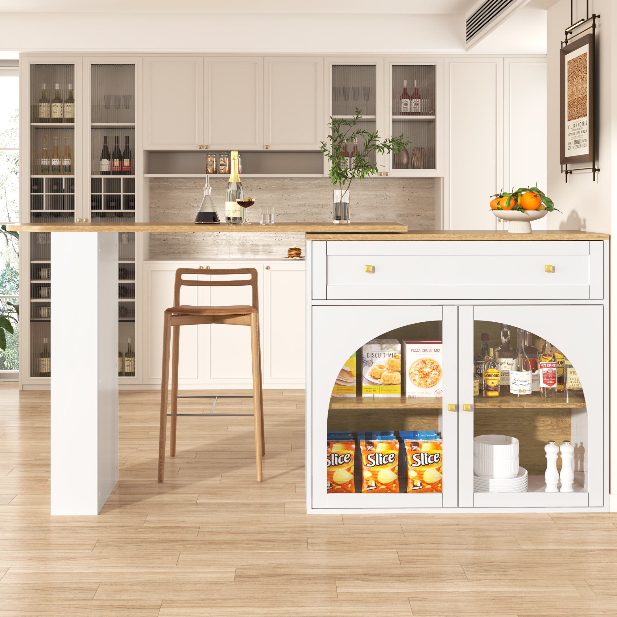 Ausziehbarer Bartisch mit Stauraum, 360° drehbare Essbar mit dreistufigem Seitenregal und Sicherheitsglas-Türen, 138-204x39x104 cm, Weiß – Bild 2 von 2