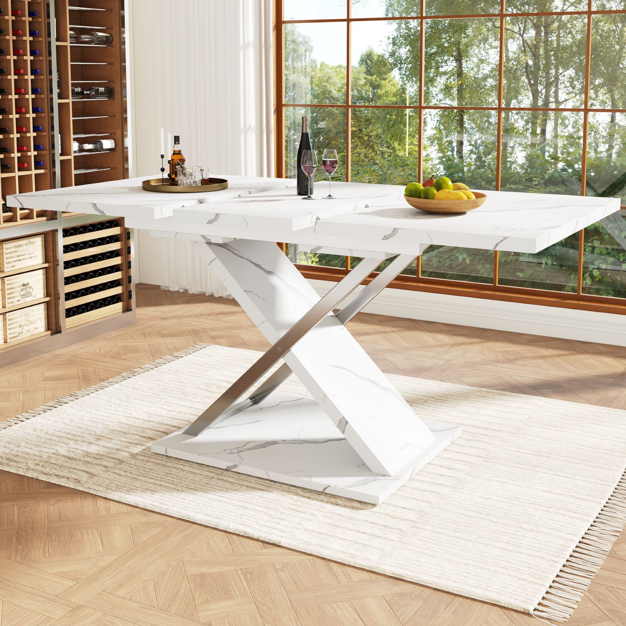 Ausziehbarer Esstisch, Küchen-Wohnzimmertisch mit gekreuzten Beine, 118-157x75x76,4 cm, Weiß – Bild 2 von 2