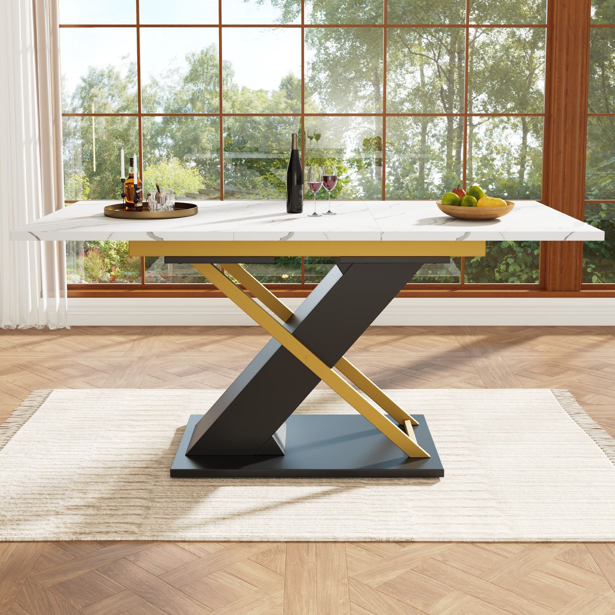 Ausziehbarer Esstisch, Küchen-Wohnzimmertisch mit gekreuzten Beine, 120-160x80x75,4 cm, Weiß+Schwarz – Bild 2 von 2