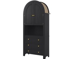 Hoher Bogen-Aufbewahrungsschrank mit 3 Schubladen,Türen aund offenem Ausstellungsfach, für Küche und Wohnzimmer, 70x35x180 cm, Schwarz