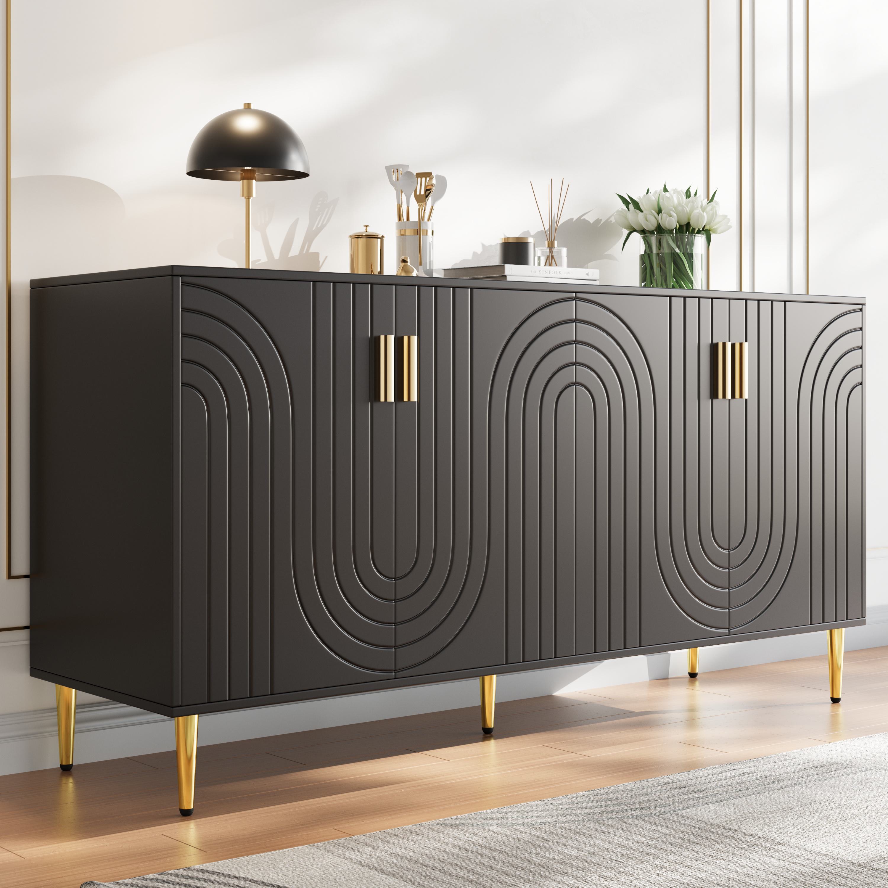 Küchenschrank, Sideboard mit einzigartigem Wellendesign, vielseitiger Stauraum, bis 60 kg, Leicht zu reinigen und pflegen, 152×40×75 cm, Schwarz – Bild 2 von 2