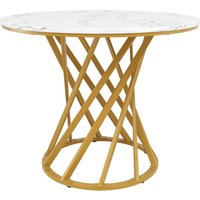 Runder Esstisch, Küchentisch mit MDF Tischplatte und Metall Tischbeine, 80x80x76 cm, Weiß+Gold