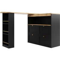 Um 360° drehbarer Bartisch, L-förmiger modularer Schrank mit 4 Schubladen und offenen Ablagen, für Esszimmer, Wohnzimmer, Schwarz