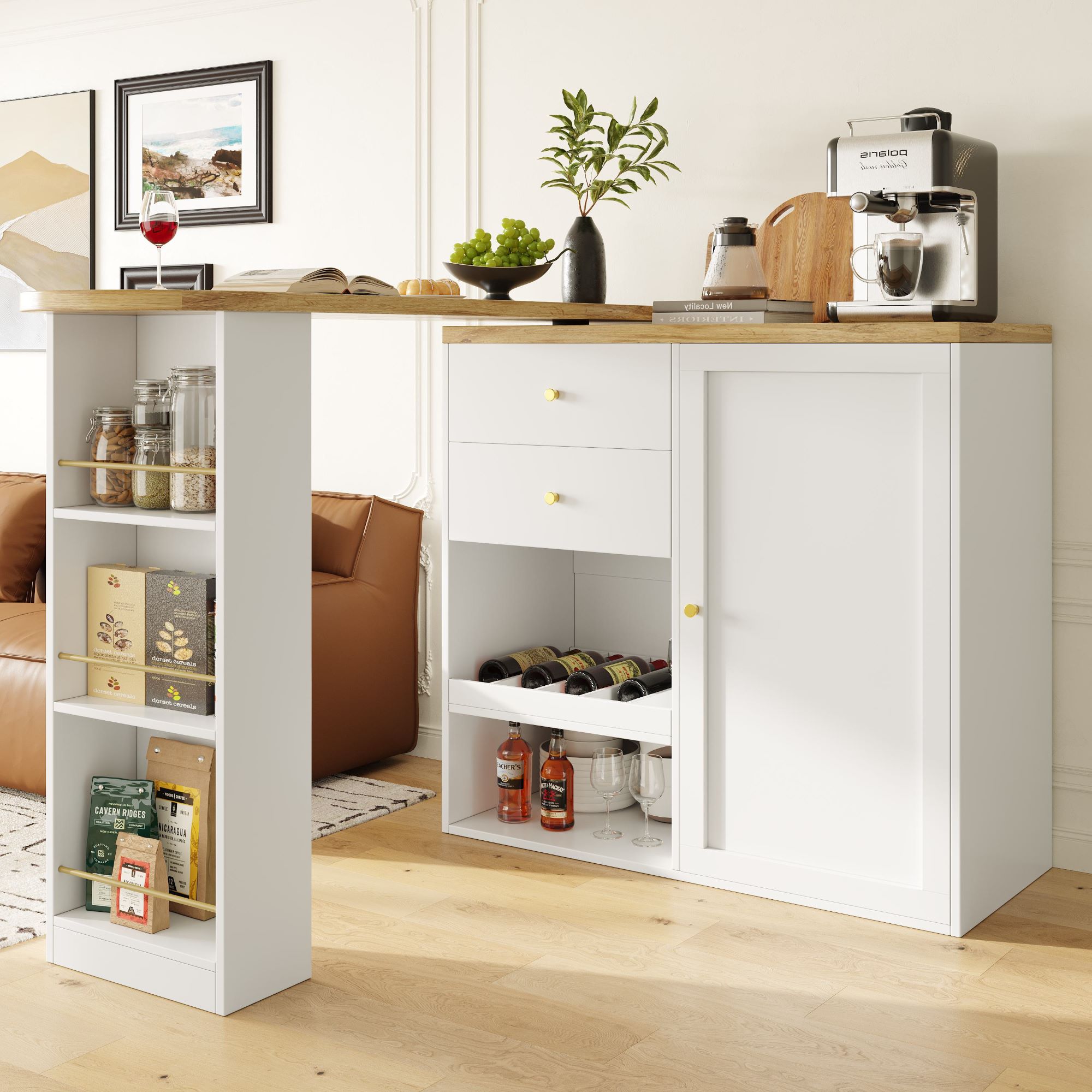 Um 360° drehbarer Bartisch mit 2 Schubladen und Schiebetürschrank, 3 Ebenen offener Stauraum, Weiß – Bild 2 von 2