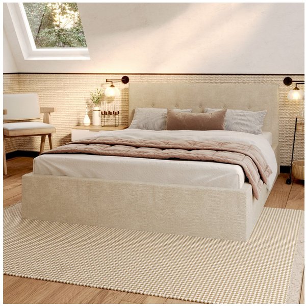 FDM Polsterbett BOHO Bettgestell 90x200, 120x200, 140x200, 160x200, 180x200cm (Polsterbett modern mit Bettkasten MADE IN EU - mit hochwertigem Ottawa Bezug, ver