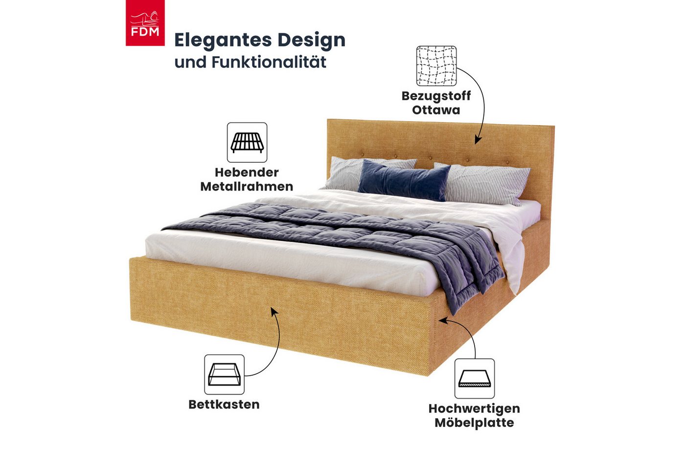 FDM Polsterbett BOHO Bettgestell 90x200, 120x200, 140x200, 160x200, 180x200cm (Polsterbett modern mit Bettkasten MADE IN EU - mit hochwertigem Ottawa Bezug, ver – Bild 3 von 5