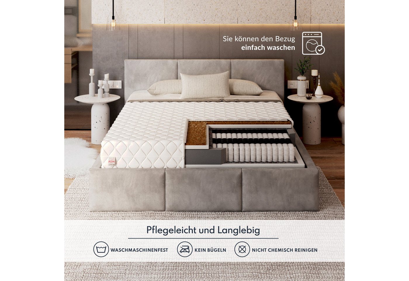 Taschenfederkernmatratze NATURAL MAX 90x200, 140x200, 160x200, 180x200 cm & weitere Größen, FDM, 24 cm hoch, (Matratze mit Kokos, Allergiker geeignet), doppelse – Bild 5 von 5