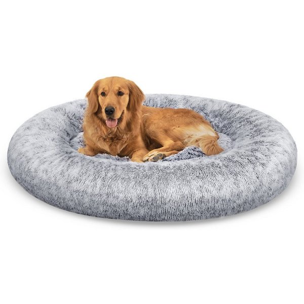 FEANDREA Hundebett flauschig, Katzenbett, Donut Kissen, waschbar, 120 cm Durchmesser, Polsterung in der Mitte herausnehmbar, flauschig