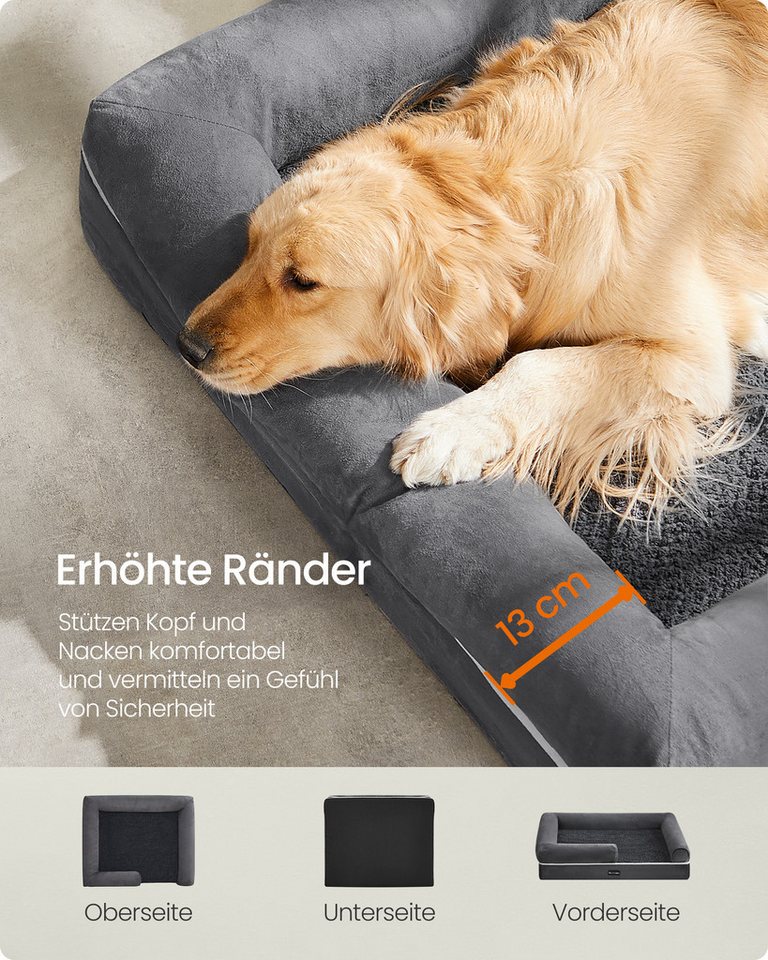 FEANDREA Hundebett Orthopädisches, Bezug abnehmbar und waschbar, rutschfeste, 112 x 81 x 18 cm, weiche Polsterung, erhöhte Ränder, Hundekorb – Bild 4 von 5