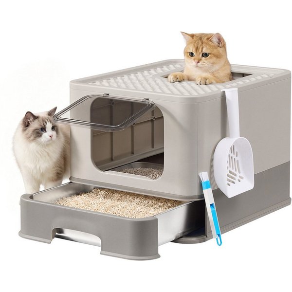 FEANDREA Katzentoilette Katzenklo Edelstahl, für Katzen bis 15 kg, mit Schublade, Schaufel, Bürste, 2 Eingänge