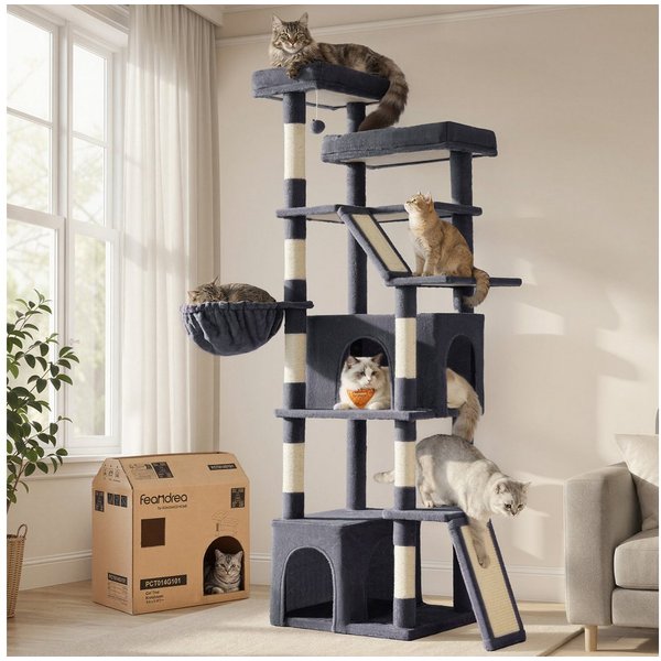 FEANDREA Kratzbaum Großer Katzenbaum mit Sisalstämmen, Mehrstöckiger Kletterbaum, 184,5 cm hoch, groß, mit 7 Kratzsäulen, 2 Kratzbrettern, Hängematte
