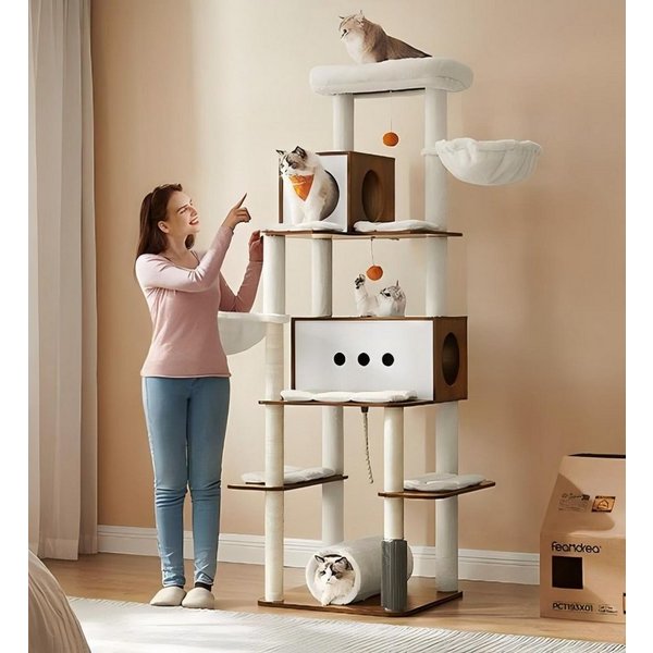 FEANDREA Kratzbaum Katzenbaum, mehrstöckiges Katzenhaus, 192 cm, XXL, 2 Höhlen, 2 Liegemulden, 4 Kratzstämmen, Katzenbürste, Tunnel