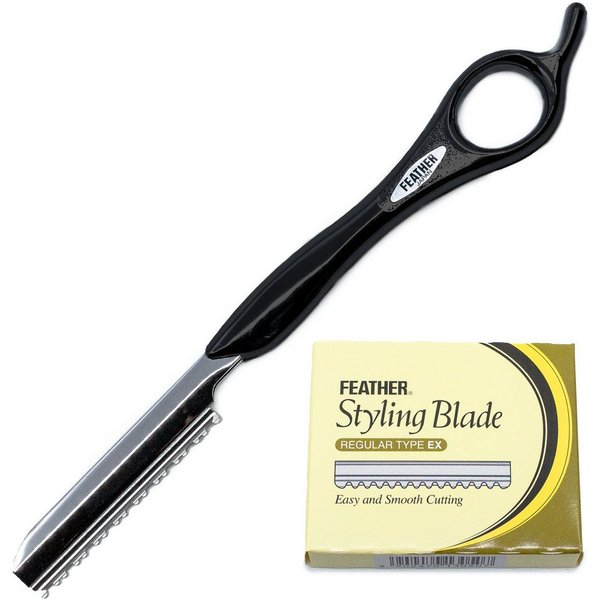 Feather Haarschneider Styling Razor Haarmesser schwarz Klinge Regular Type EX, inkl. 10 Ersatzklingen, wechselbare Klinge