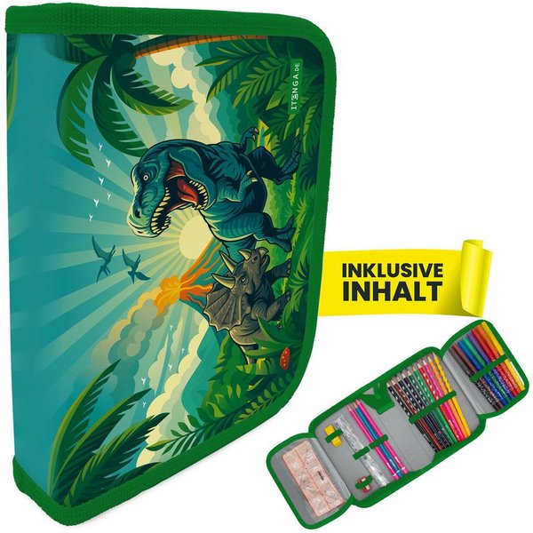 itenga Federmäppchen itenga Schüler-Etui Mäppchen Dinosaurier Dino World 28 teilig (gefüllt