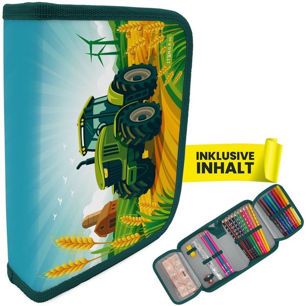 itenga Federmäppchen itenga Schüler-Etui Mäppchen Traktor Turbo Trak 28 teilig (gefüllt) 1-
