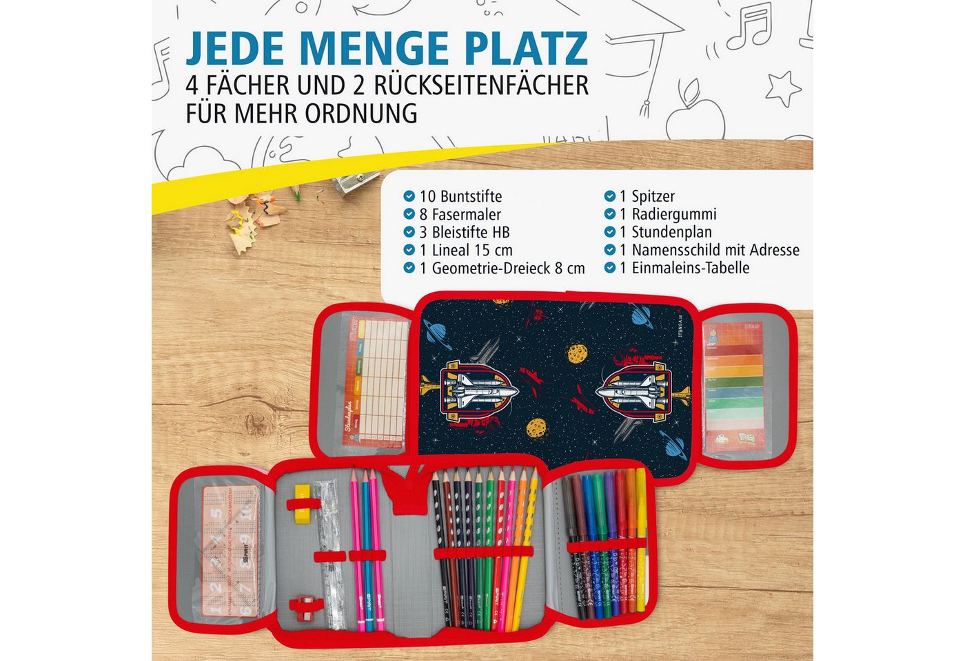 itenga Federmäppchen itenga Schüler-Etui Mäppchen Weltraum 28 teilig (gefüllt) 1-Zipper – Bild 4 von 5