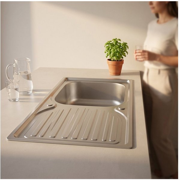Feel2Home Edelstahlspüle Edelstahlspüle Spülbecken Einbauspüle Küchenspüle Spüle Edelstahl eck, Rechteckig, 75.5/42 cm, Satin-Oberfläche, (Stück, 1 St., Nein), 