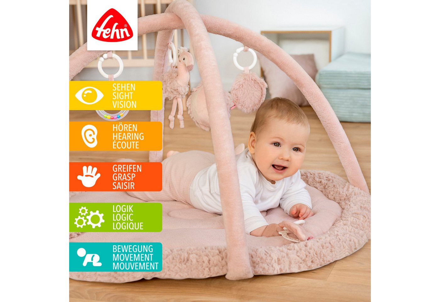 Fehn Spielbogen Lazy, Crazy & Pink, Flamingo, 3-D-Activity-Decke, mit 5 abnehmbaren Spielzeugen – Bild 2 von 5