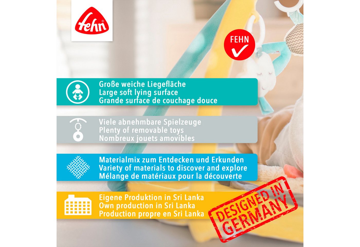 Fehn Spielbogen Lazy, Crazy & Pink, Flamingo, 3-D-Activity-Decke, mit 5 abnehmbaren Spielzeugen – Bild 3 von 5