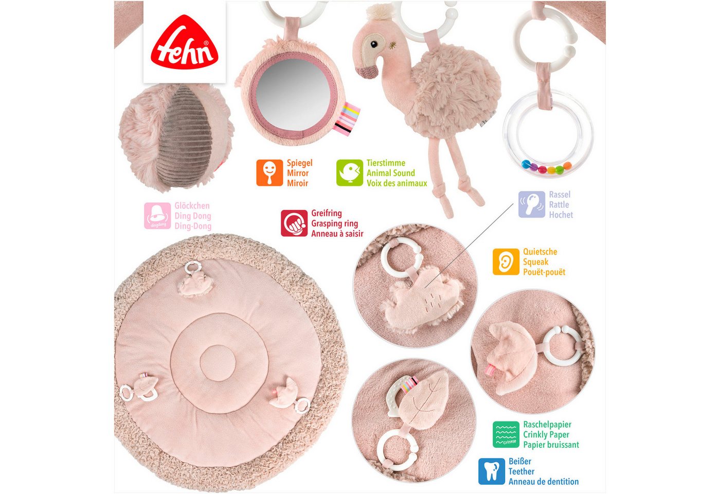 Fehn Spielbogen Lazy, Crazy & Pink, Flamingo, 3-D-Activity-Decke, mit 5 abnehmbaren Spielzeugen – Bild 4 von 5