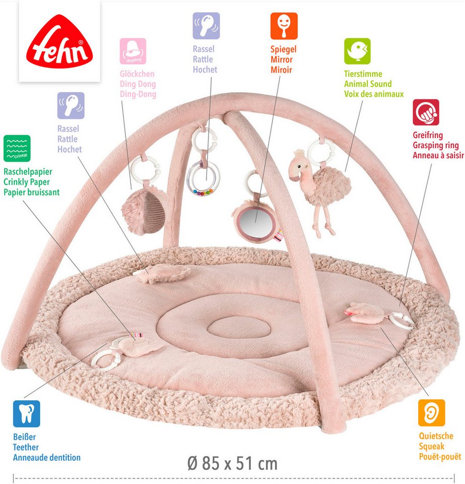 Fehn Spielbogen Lazy, Crazy & Pink, Flamingo, 3-D-Activity-Decke, mit 5 abnehmbaren Spielzeugen – Bild 5 von 5