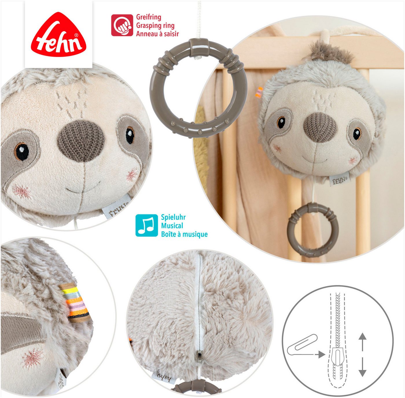 Fehn Spieluhr Lazy, Crazy & Pink, Faultier – Bild 4 von 5