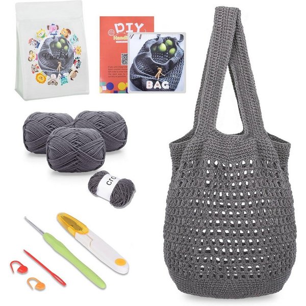 feinlux Handtasche Häkelset für Anfänger (Packung, Häkeltaschenset für Erwachsene für Damen (1Stück, Grau), mit Schritt, für-Schritt-Anleitung und Video-Tutoria