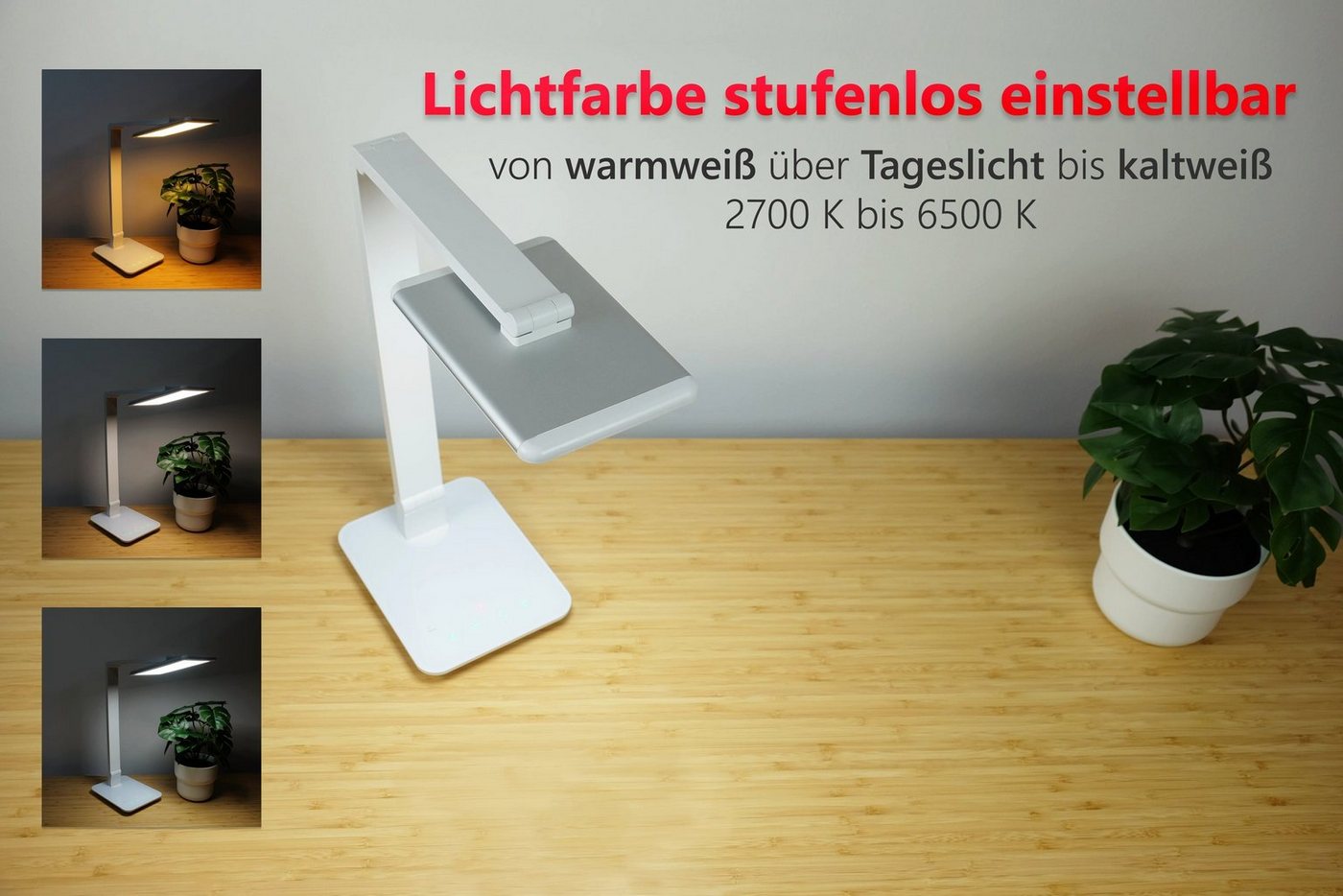 FeinTech LED Schreibtischlampe LTL00100, LED fest integriert, Tageslichtweiß, warmweiß, kaltweiß, neutralweiß, SmartTouch, USB – Bild 3 von 5