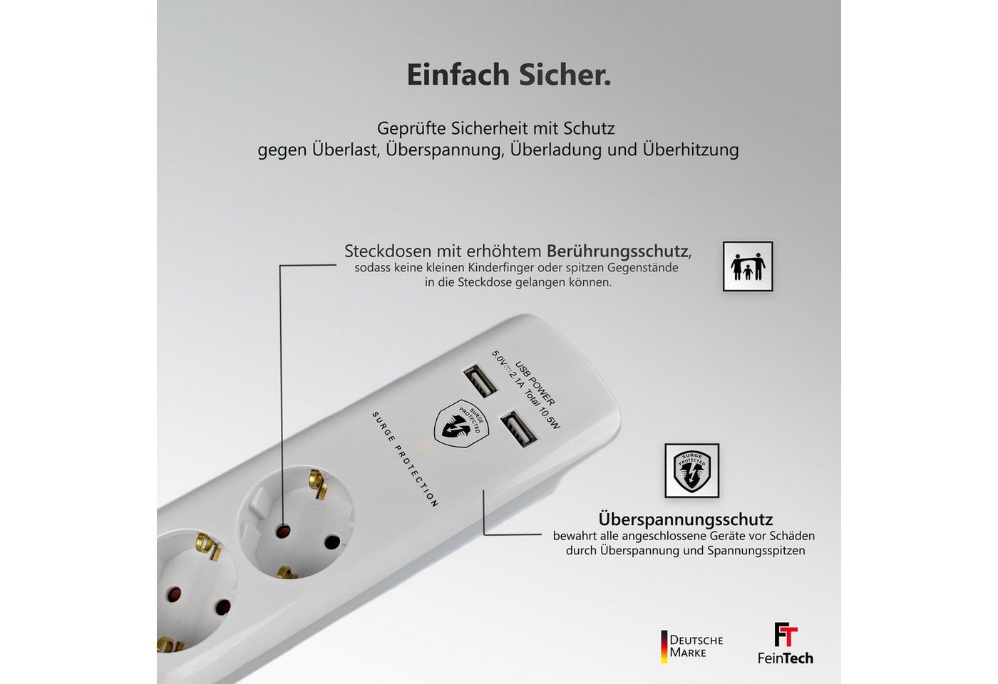 FeinTech Mehrfachsteckdose 4-fach (Ein- / Ausschalter, USB-Anschlüsse, Schalterbeleuchtung, Überspannungschutz, Kabellänge 1.5 m), Flachstecker – Bild 5 von 5