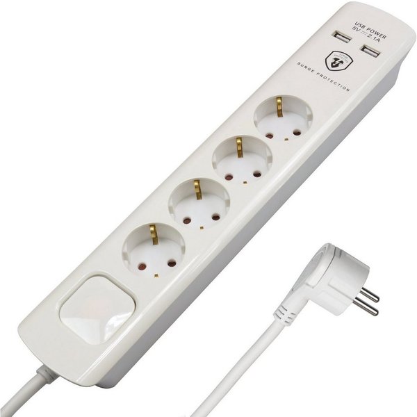 FeinTech Mehrfachsteckdose 4-fach (Ein- / Ausschalter, USB-Anschlüsse, Schalterbeleuchtung, Überspannungschutz, Kabellänge 3.0 m), Flachstecker