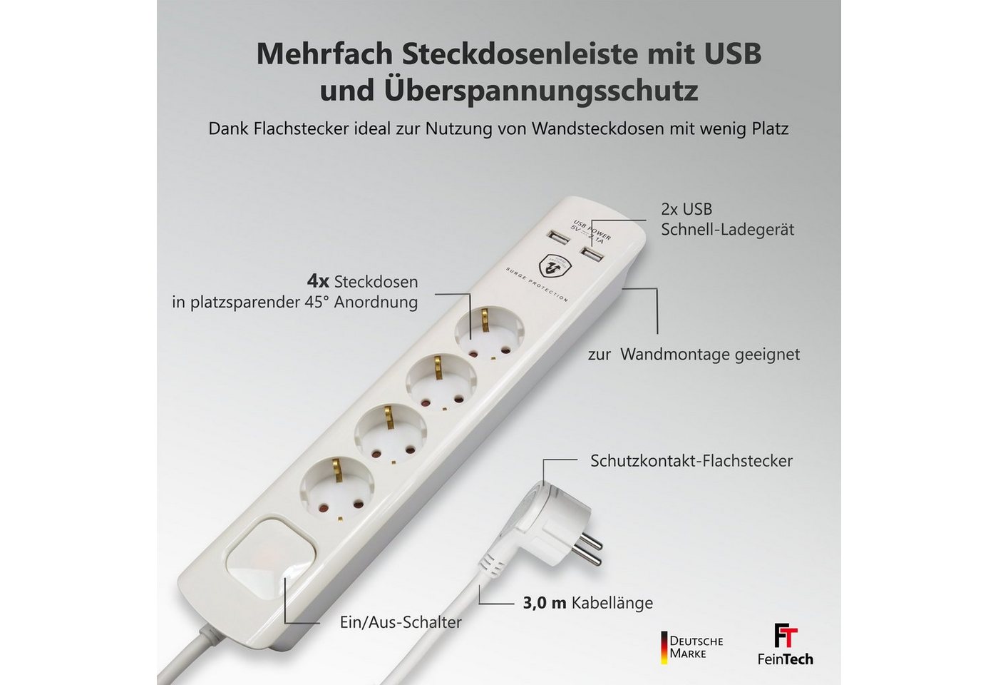 FeinTech Mehrfachsteckdose 4-fach (Ein- / Ausschalter, USB-Anschlüsse, Schalterbeleuchtung, Überspannungschutz, Kabellänge 3.0 m), Flachstecker – Bild 2 von 5