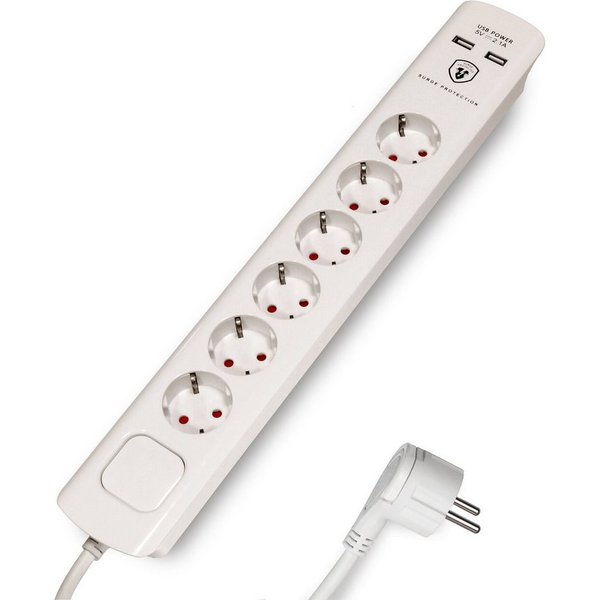 FeinTech Mehrfachsteckdose 6-fach (Ein- / Ausschalter, Schalterbeleuchtung, USB-Anschlüsse, Überspannungsschutz, Kabellänge 1.5 m), Flachstecker