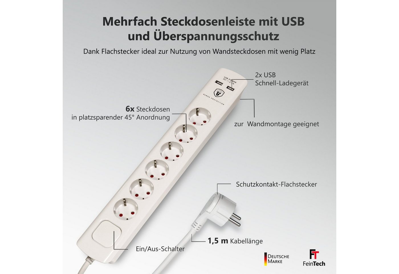 FeinTech Mehrfachsteckdose 6-fach (Ein- / Ausschalter, Schalterbeleuchtung, USB-Anschlüsse, Überspannungsschutz, Kabellänge 1.5 m), Flachstecker – Bild 2 von 5