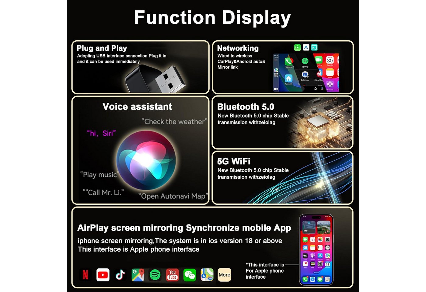 FELIXLEO 4in1 Wireless CarPlay Adapter Android Auto AirPlay Orange. Wireless Lautsprecher – Bild 3 von 5