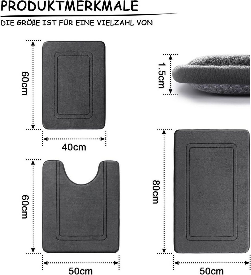 FELIXLEO Badematte Badematten Set 3-teilig, Memory-Schaum & rutschfest, Anthrazit – Bild 2 von 5