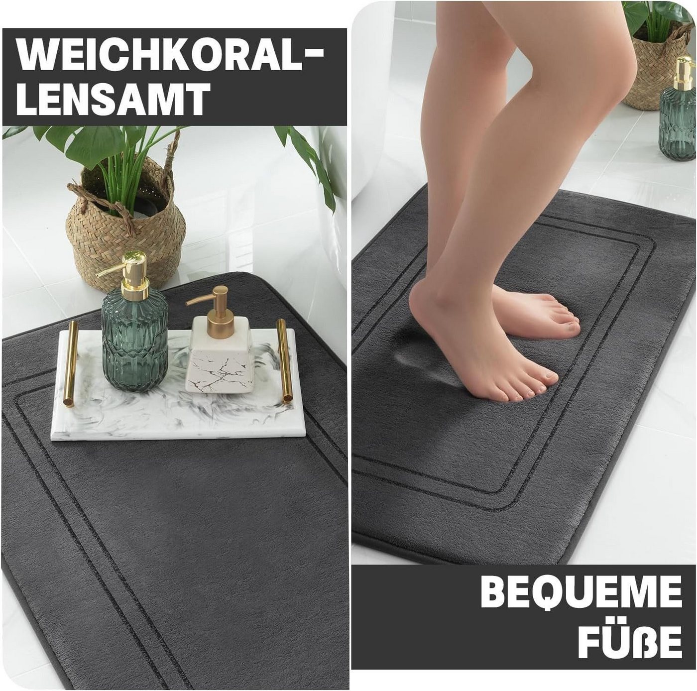 FELIXLEO Badematte Badematten Set 3-teilig, Memory-Schaum & rutschfest, Anthrazit – Bild 3 von 5