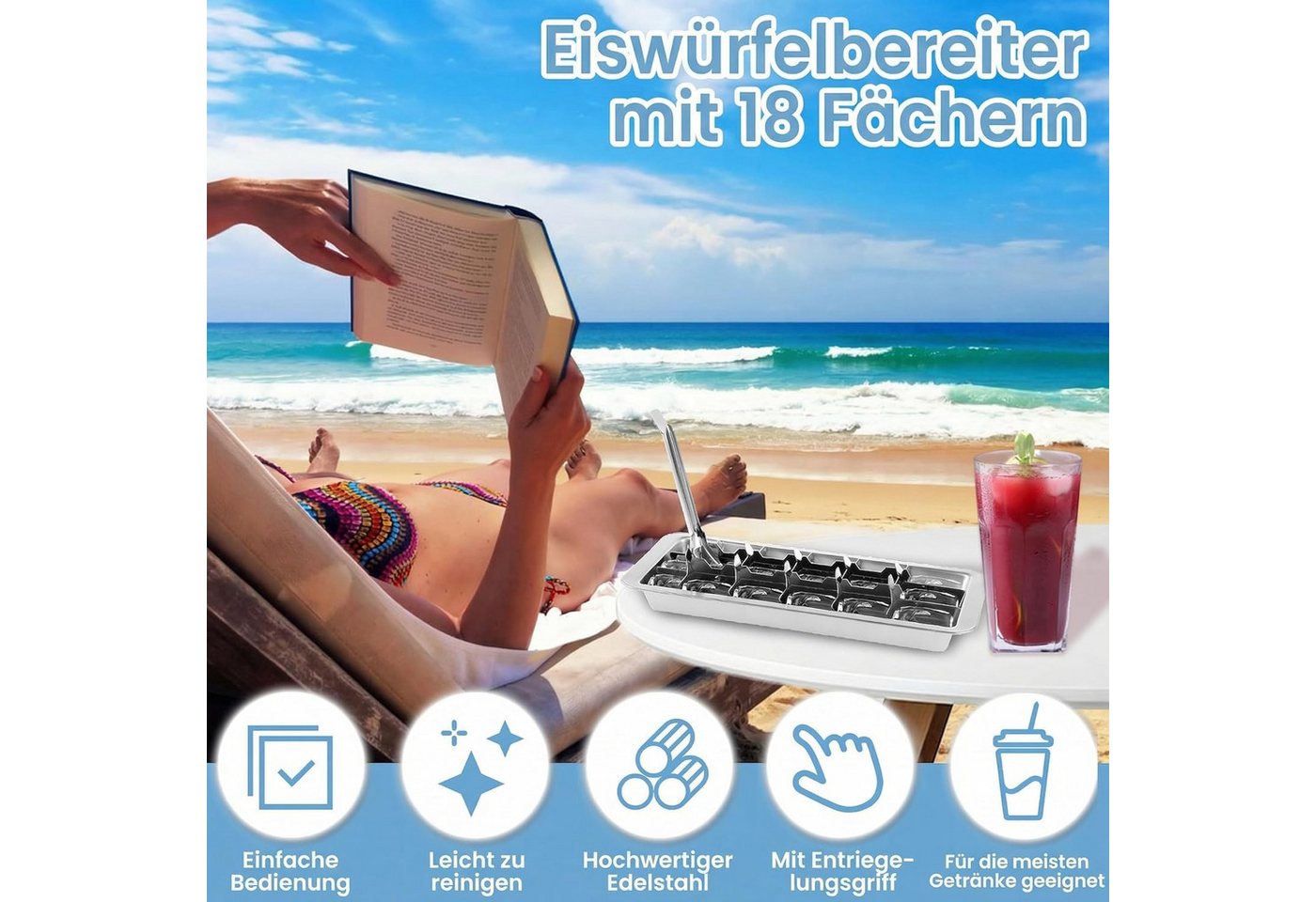 FELIXLEO Eiswürfelform Eiswürfelform Edelstahl 18 Fächer Metall Eiswürfelbehälter Henkel, (1-tlg) – Bild 2 von 5