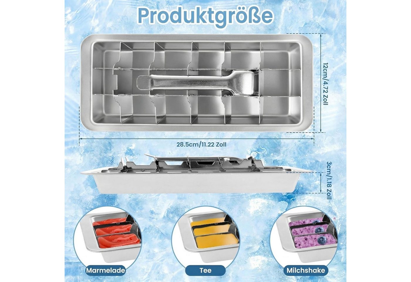 FELIXLEO Eiswürfelform Eiswürfelform Edelstahl 18 Fächer Metall Eiswürfelbehälter Henkel, (1-tlg) – Bild 3 von 5
