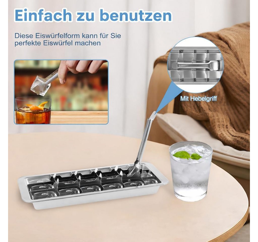 FELIXLEO Eiswürfelform Eiswürfelform Edelstahl 18 Fächer Metall Eiswürfelbehälter Henkel, (1-tlg) – Bild 4 von 5