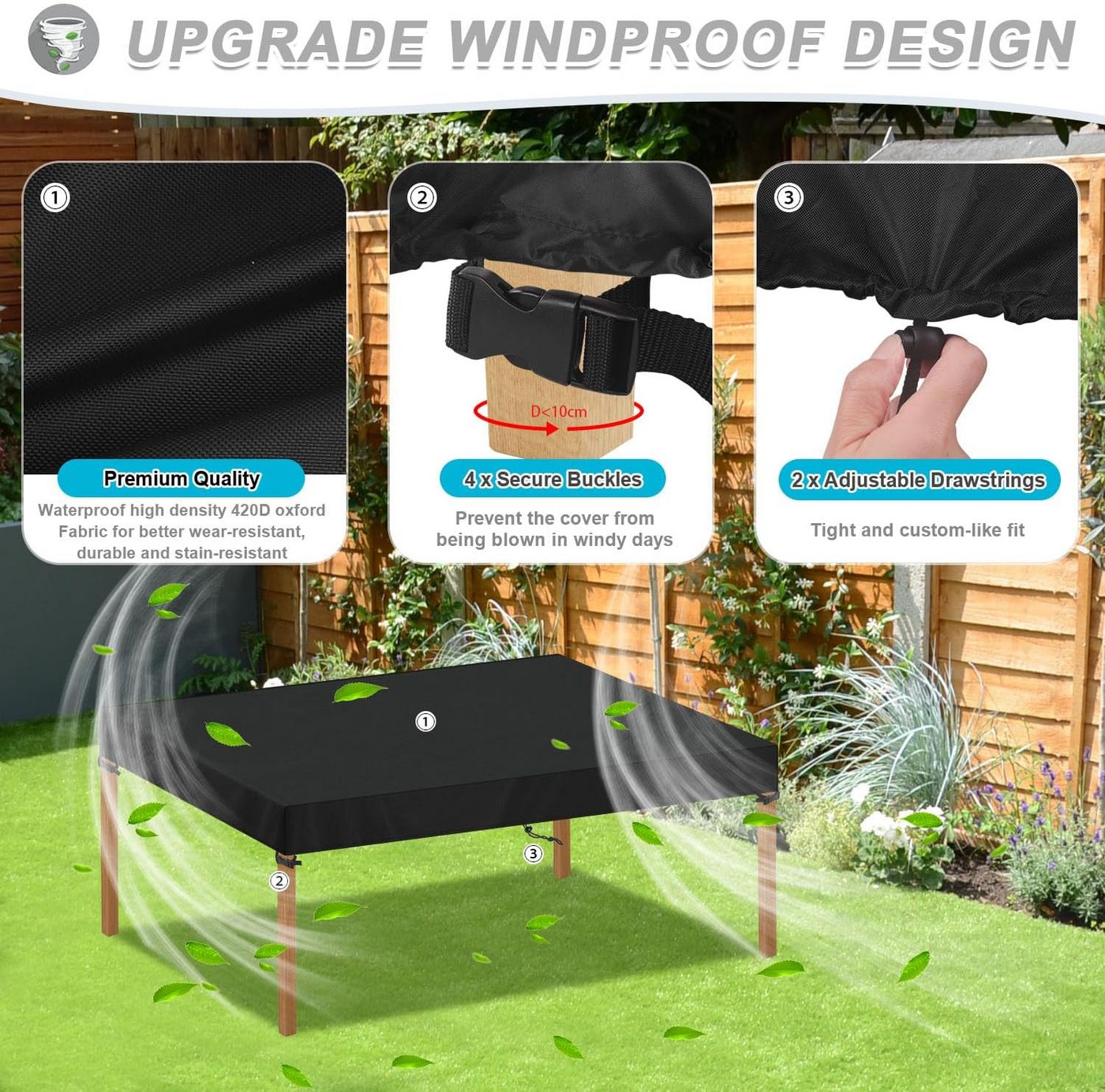 FELIXLEO Gartenmöbel-Schutzhülle Gartentisch Abdeckung 150x90x15cm wasserdicht 420D Oxford (1-St) – Bild 3 von 5