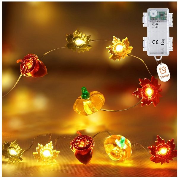 FELIXLEO LED Dekolicht 2PCS Herbst Deko Lichterkette Timer 2m 20 LED Kürbis Ahornblatt