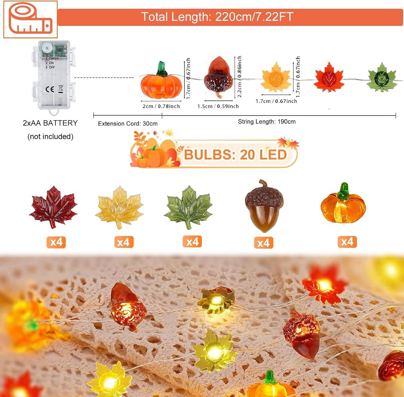FELIXLEO LED Dekolicht 2PCS Herbst Deko Lichterkette Timer 2m 20 LED Kürbis Ahornblatt – Bild 2 von 5